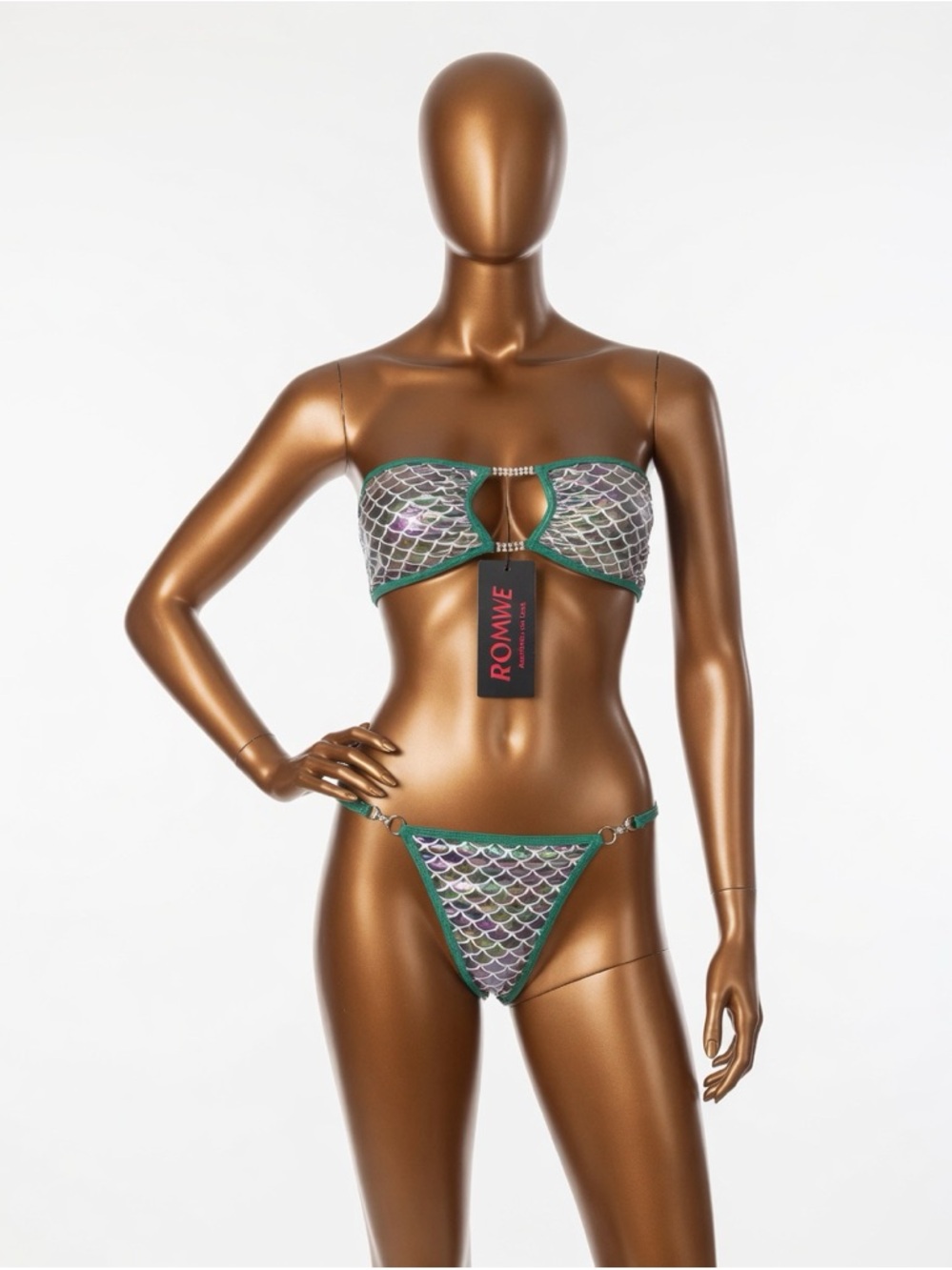 ROMWE Green Iridescent Mermaid Scale Bandeau Bikini Set